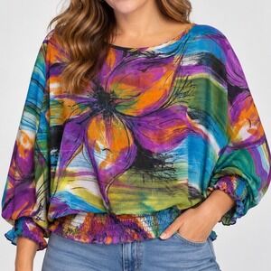 Sushiflower Women Floral Dolman Sleeve Blouse Balloon Sleeve Artsy Boho Top 90s
